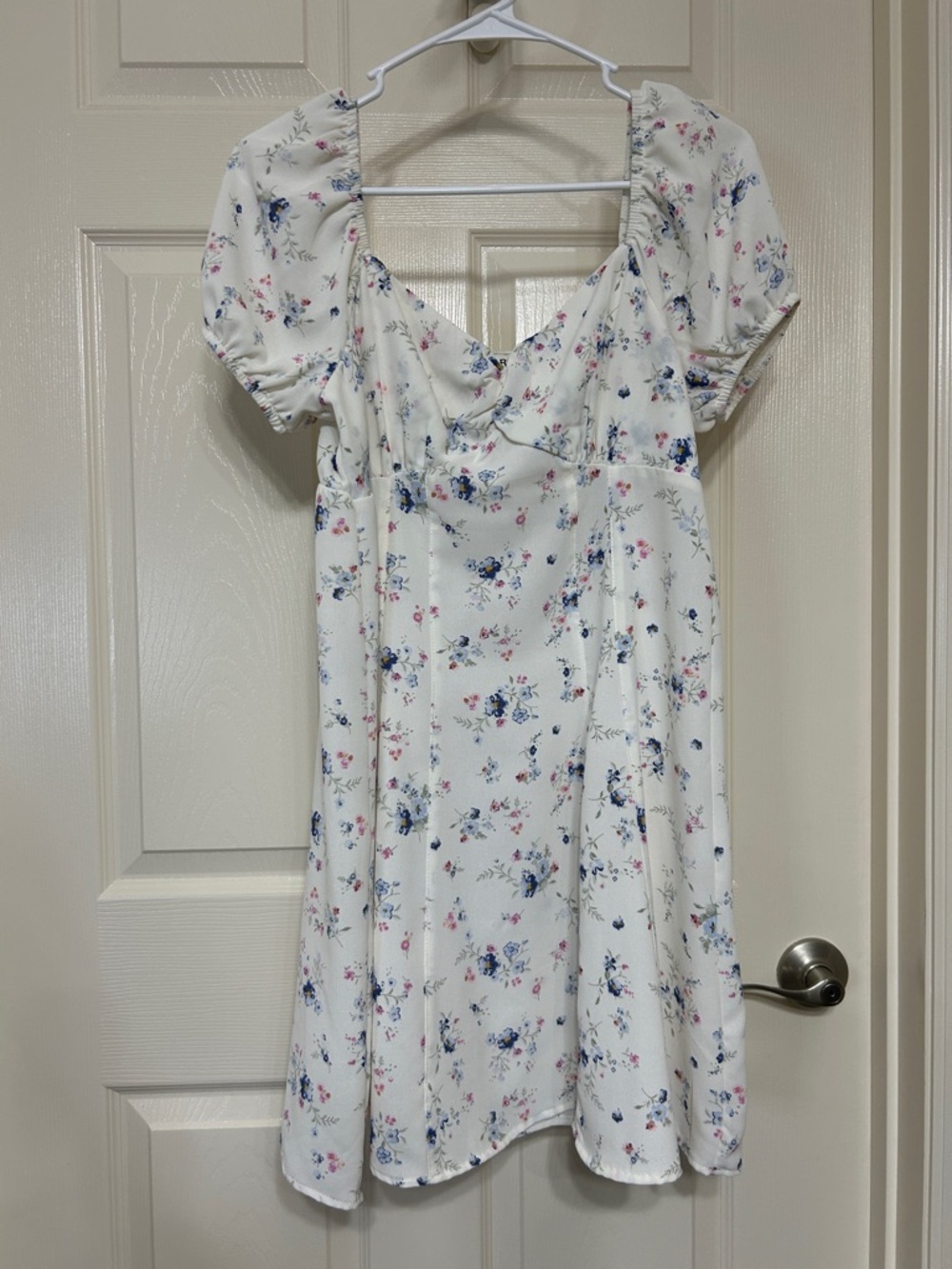 No Boundaries Ivory Floral Midi Dress with Blue and Pink Blooms Puff Sleeves M